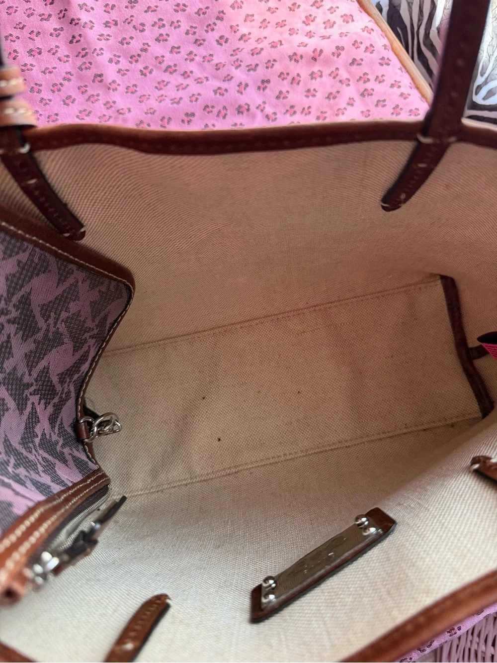 Juicy Couture Pink Canvas Tote with Brown Trim and Crown Charm